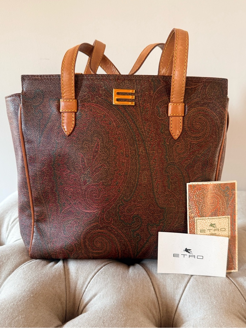 ETRO Milano Vintage Paisley Tote Bag Brown Leather Satchel Arnica
